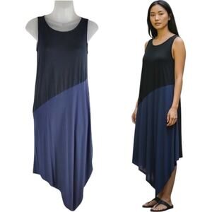 Eileen Fisher Sleeveless Asymetrical Jersey Dress Black Navy Size XXS